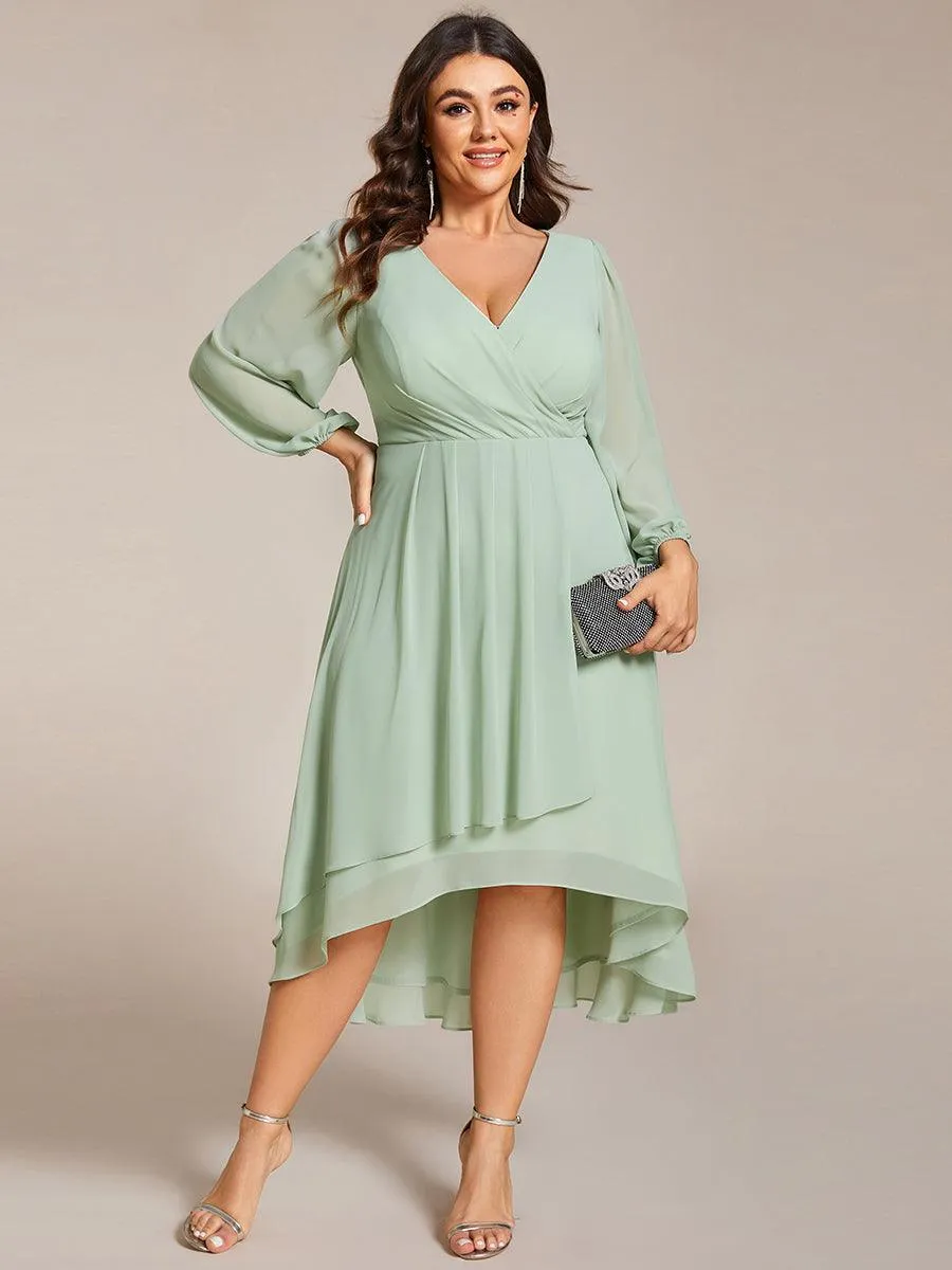Grande Taille Robe invité de mariage mi-longue manches longues ourlet asymétrique