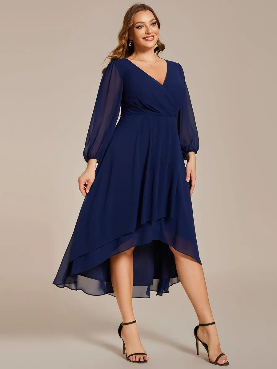 Grande Taille Robe invité de mariage mi-longue manches longues ourlet asymétrique