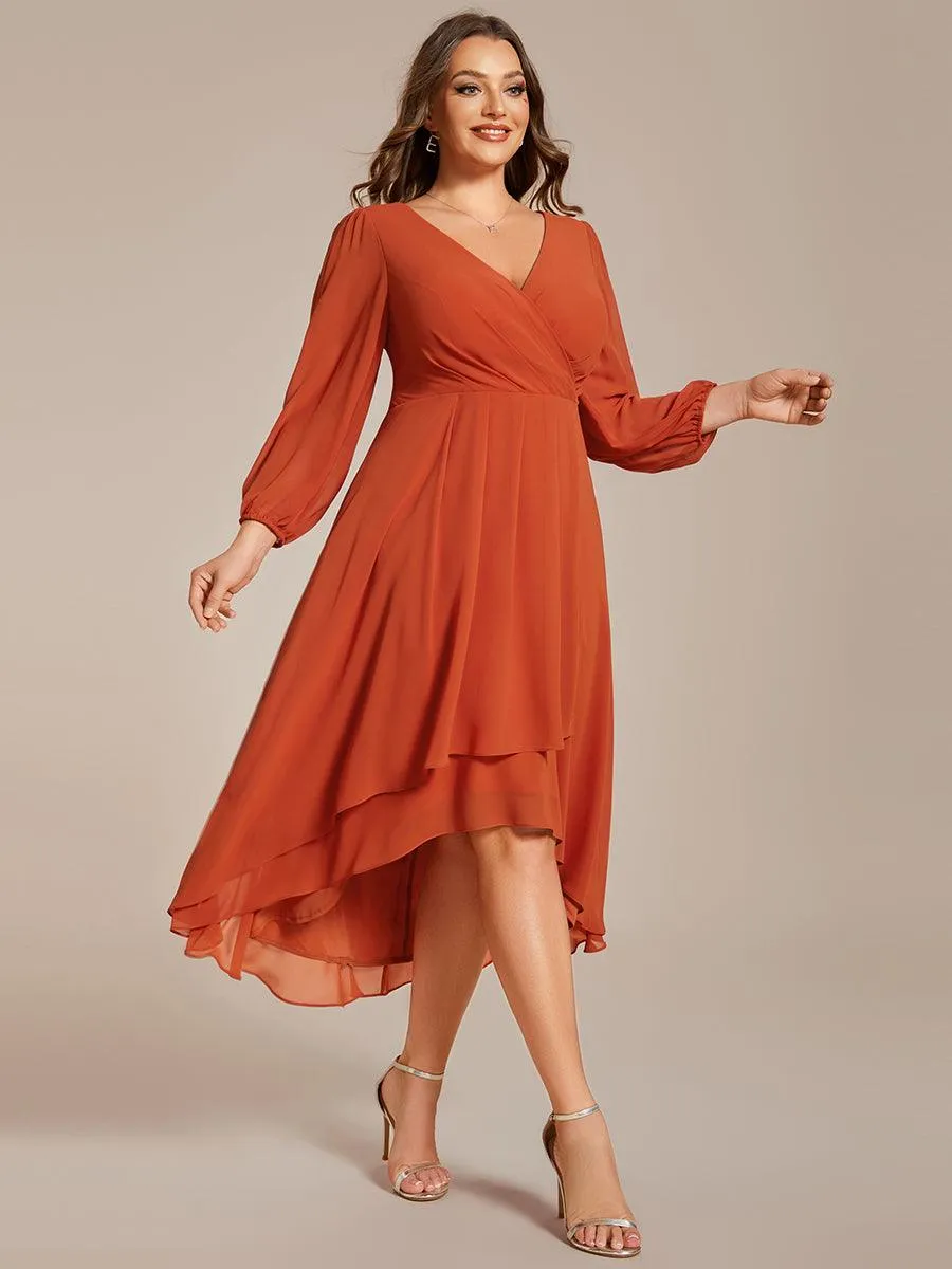 Grande Taille Robe invité de mariage mi-longue manches longues ourlet asymétrique