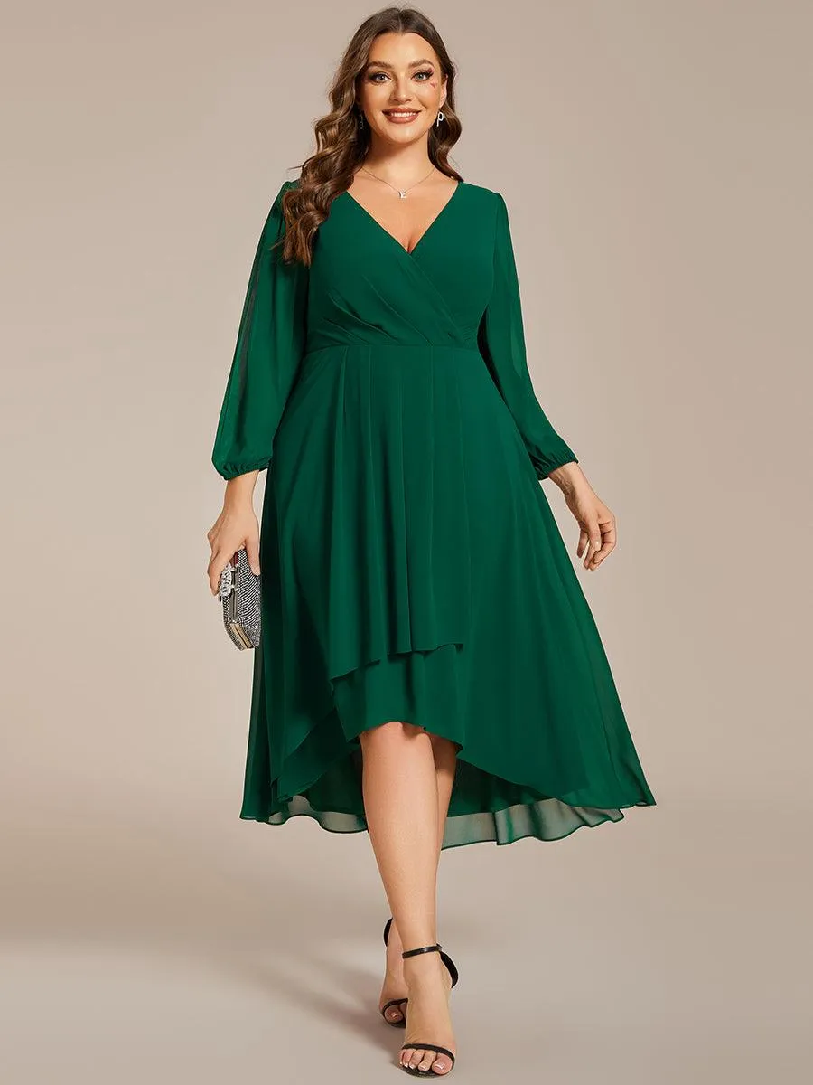 Grande Taille Robe invité de mariage mi-longue manches longues ourlet asymétrique