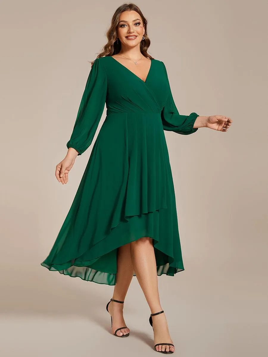 Grande Taille Robe invité de mariage mi-longue manches longues ourlet asymétrique