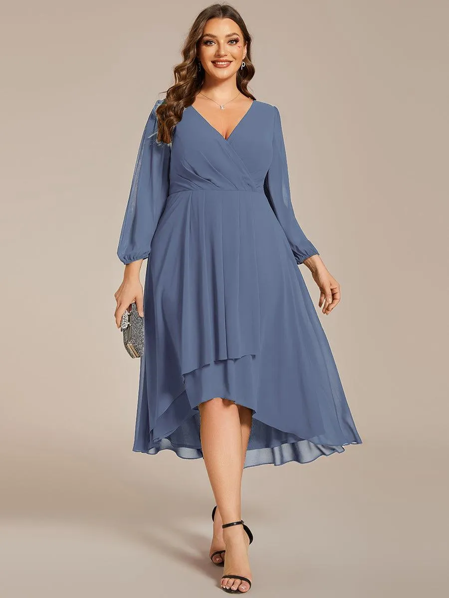 Grande Taille Robe invité de mariage mi-longue manches longues ourlet asymétrique