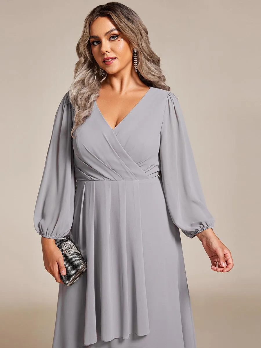 Grande Taille Robe invité de mariage mi-longue manches longues ourlet asymétrique