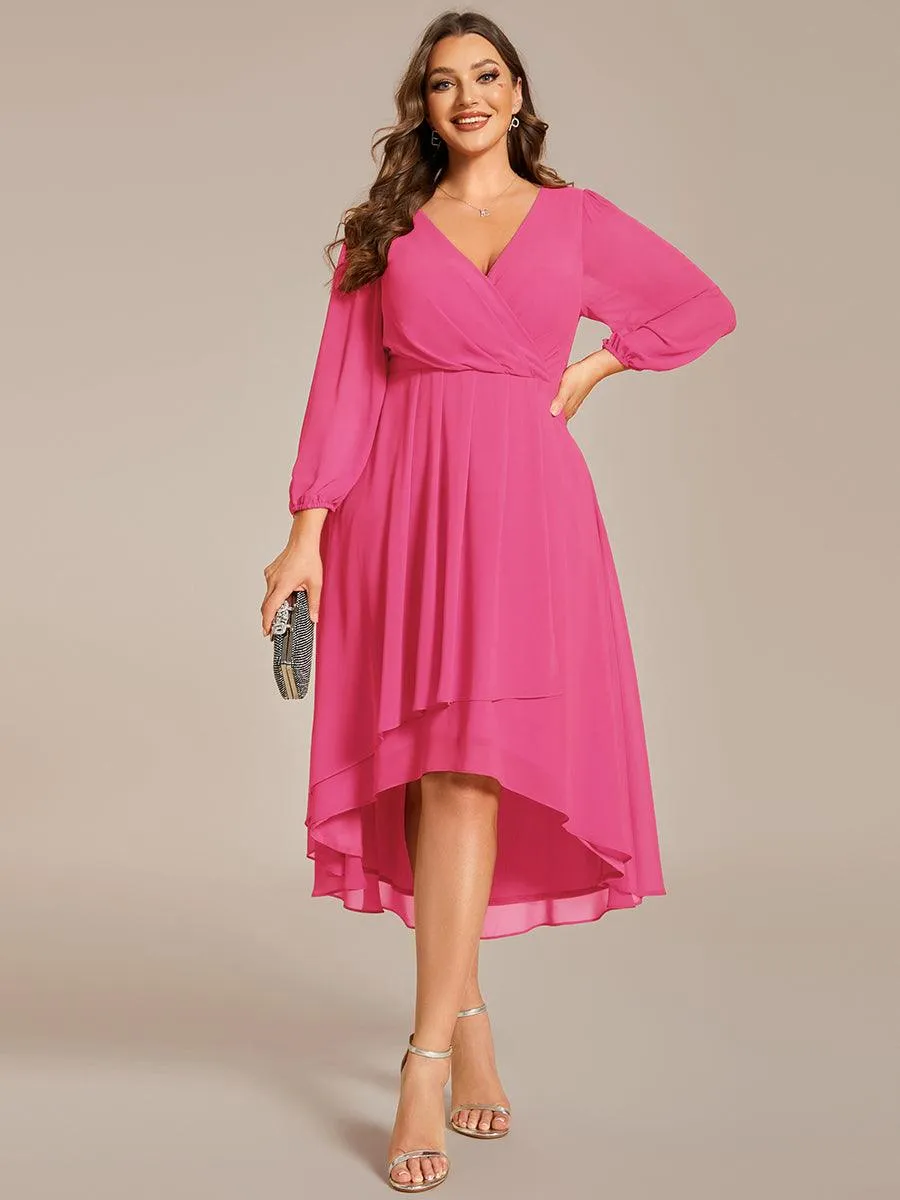 Grande Taille Robe invité de mariage mi-longue manches longues ourlet asymétrique