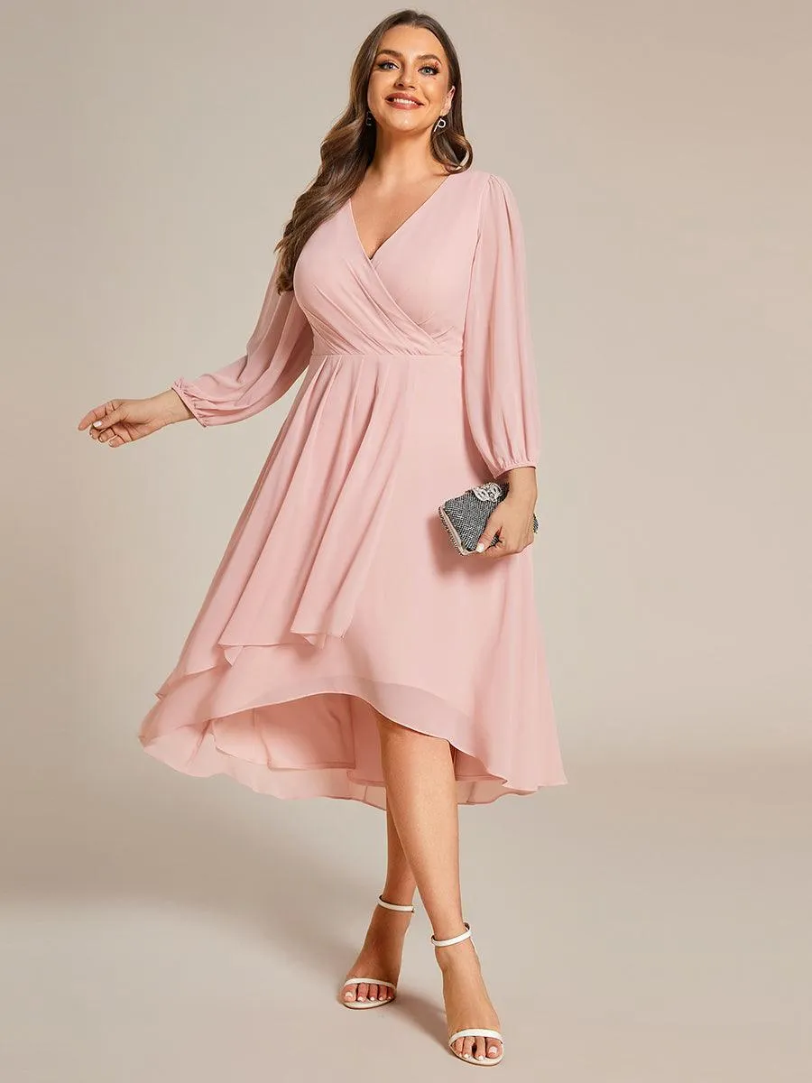 Grande Taille Robe invité de mariage mi-longue manches longues ourlet asymétrique