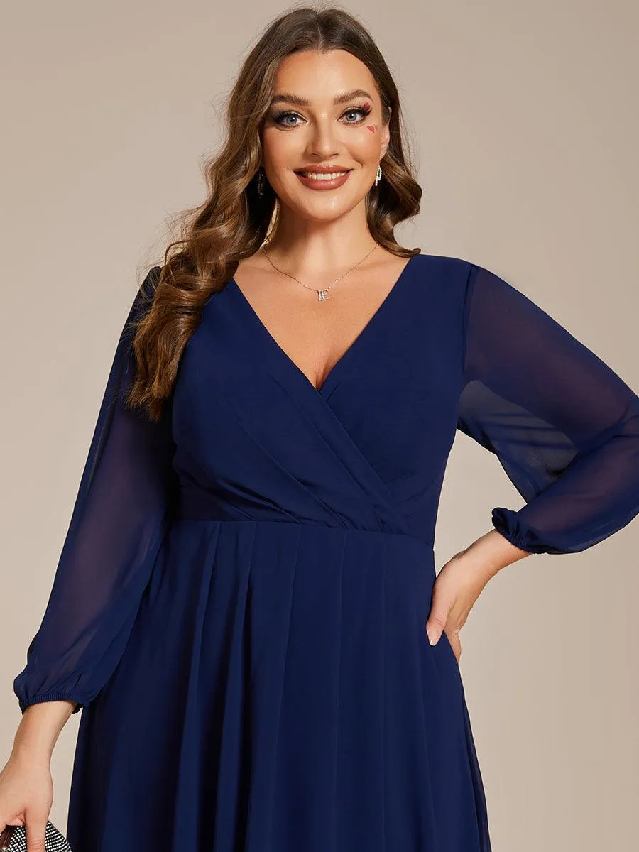 Grande Taille Robe invité de mariage mi-longue manches longues ourlet asymétrique