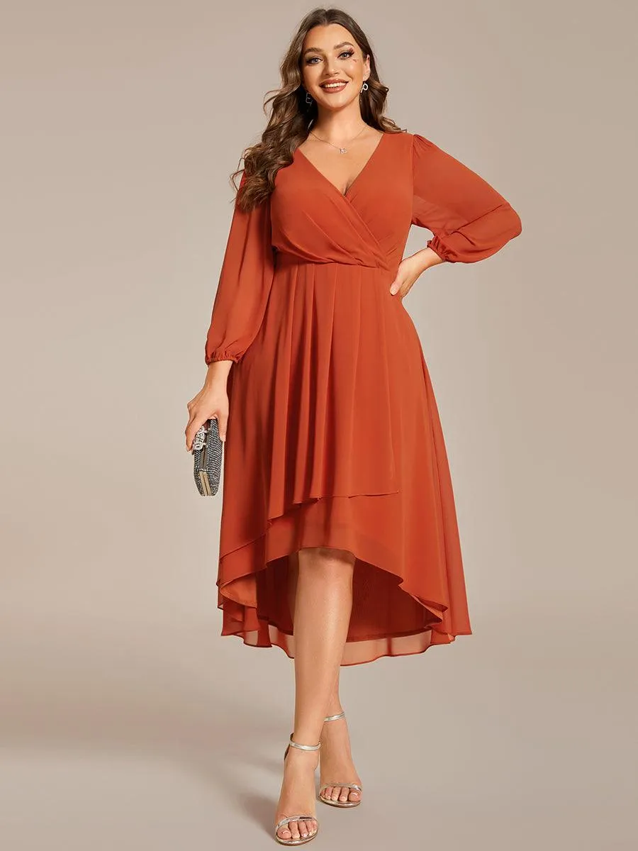 Grande Taille Robe invité de mariage mi-longue manches longues ourlet asymétrique