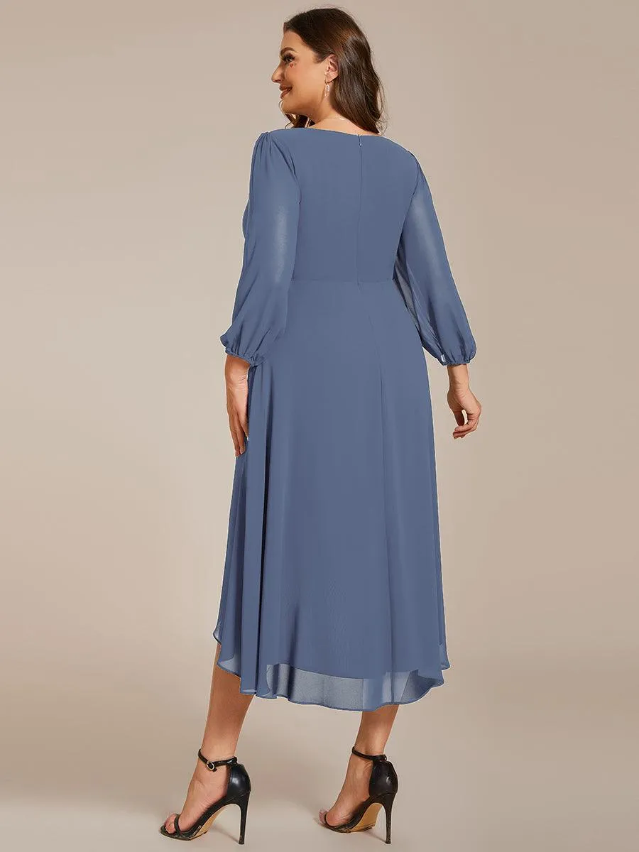 Grande Taille Robe invité de mariage mi-longue manches longues ourlet asymétrique