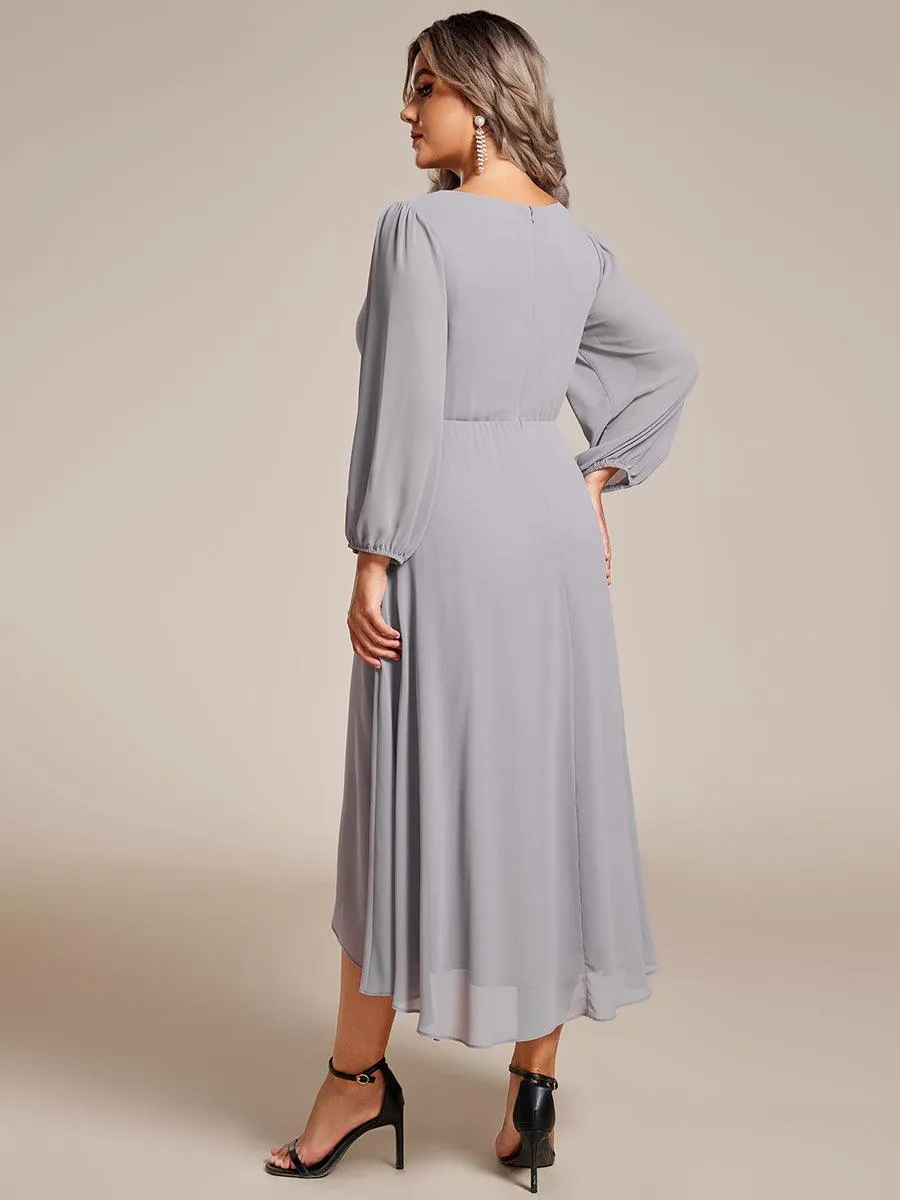 Grande Taille Robe invité de mariage mi-longue manches longues ourlet asymétrique