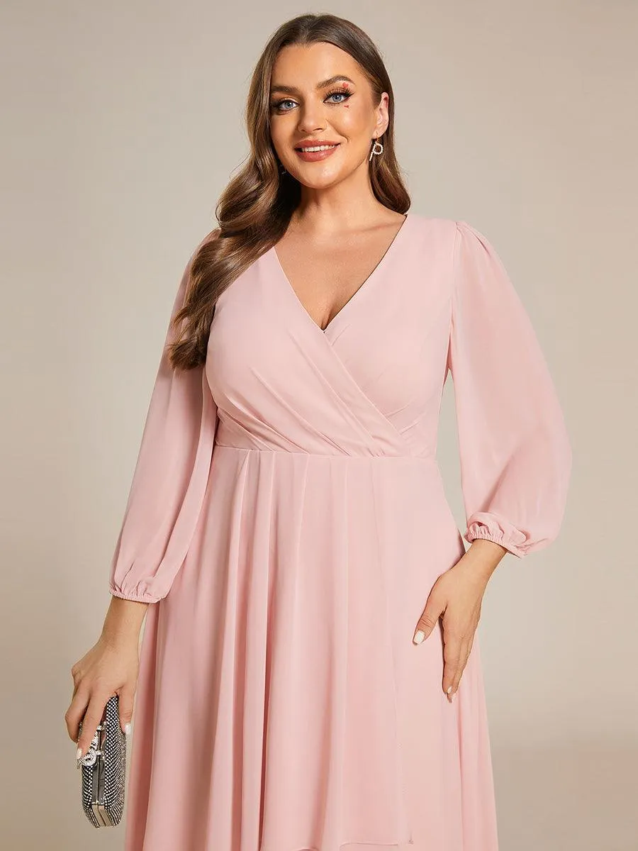 Grande Taille Robe invité de mariage mi-longue manches longues ourlet asymétrique