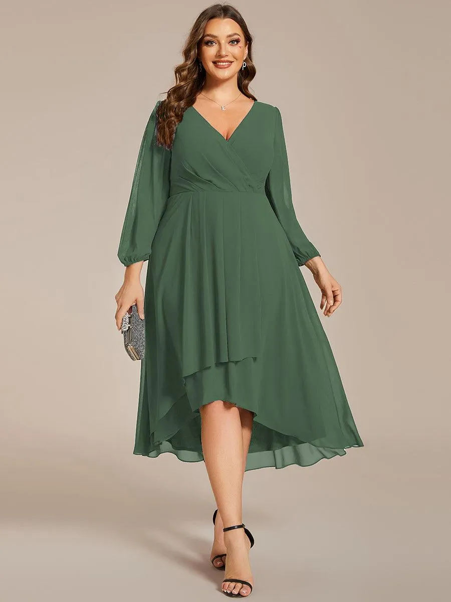 Grande Taille Robe invité de mariage mi-longue manches longues ourlet asymétrique