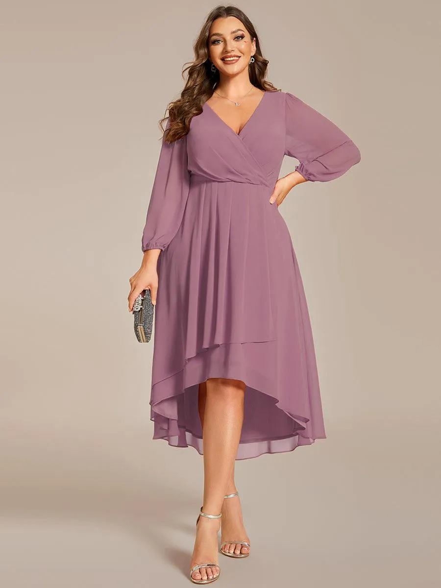 Grande Taille Robe invité de mariage mi-longue manches longues ourlet asymétrique
