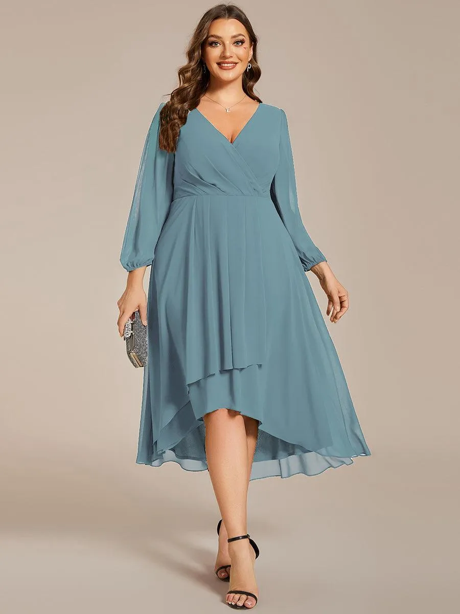 Grande Taille Robe invité de mariage mi-longue manches longues ourlet asymétrique