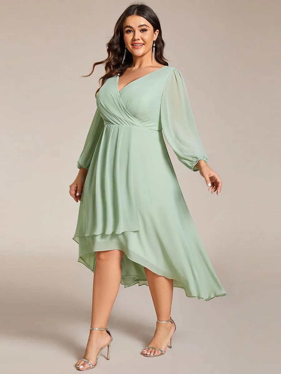 Grande Taille Robe invité de mariage mi-longue manches longues ourlet asymétrique