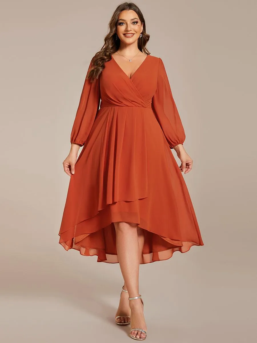 Grande Taille Robe invité de mariage mi-longue manches longues ourlet asymétrique