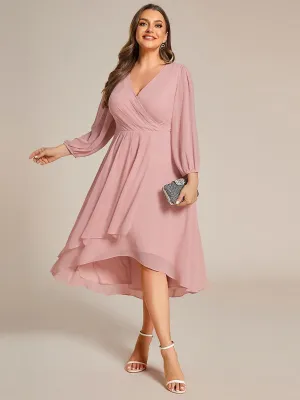 Grande Taille Robe invité de mariage mi-longue manches longues ourlet asymétrique