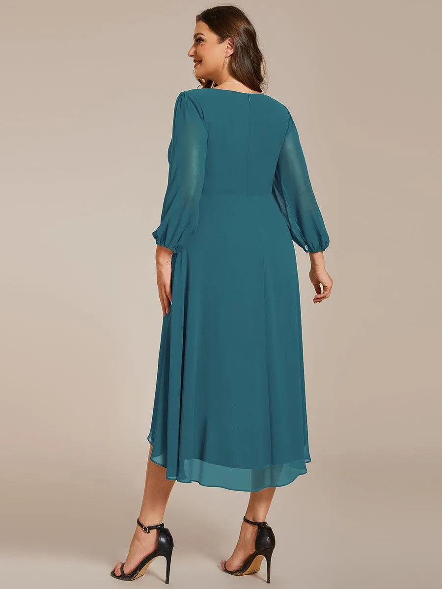 Grande Taille Robe invité de mariage mi-longue manches longues ourlet asymétrique