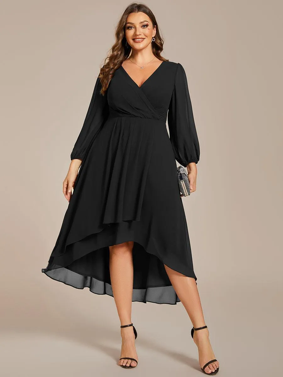 Grande Taille Robe invité de mariage mi-longue manches longues ourlet asymétrique
