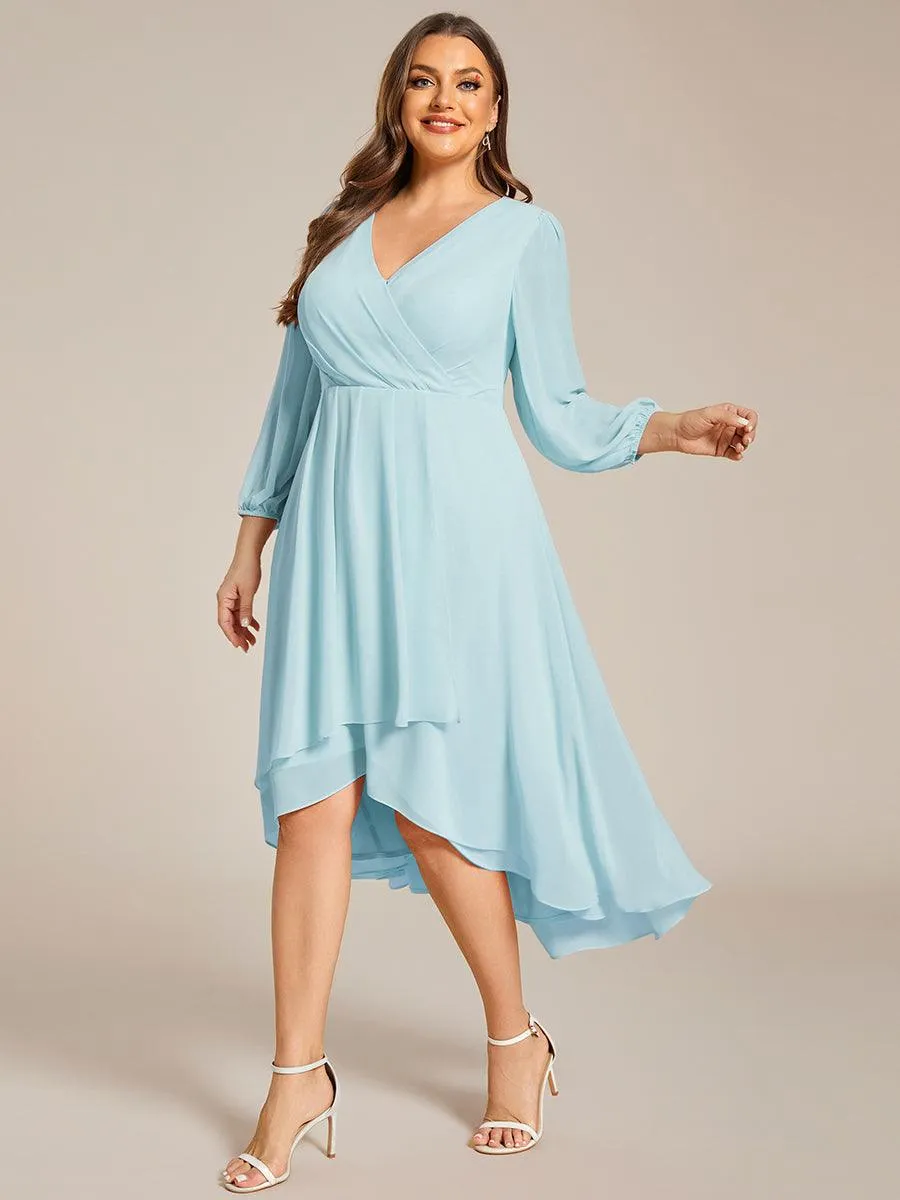 Grande Taille Robe invité de mariage mi-longue manches longues ourlet asymétrique