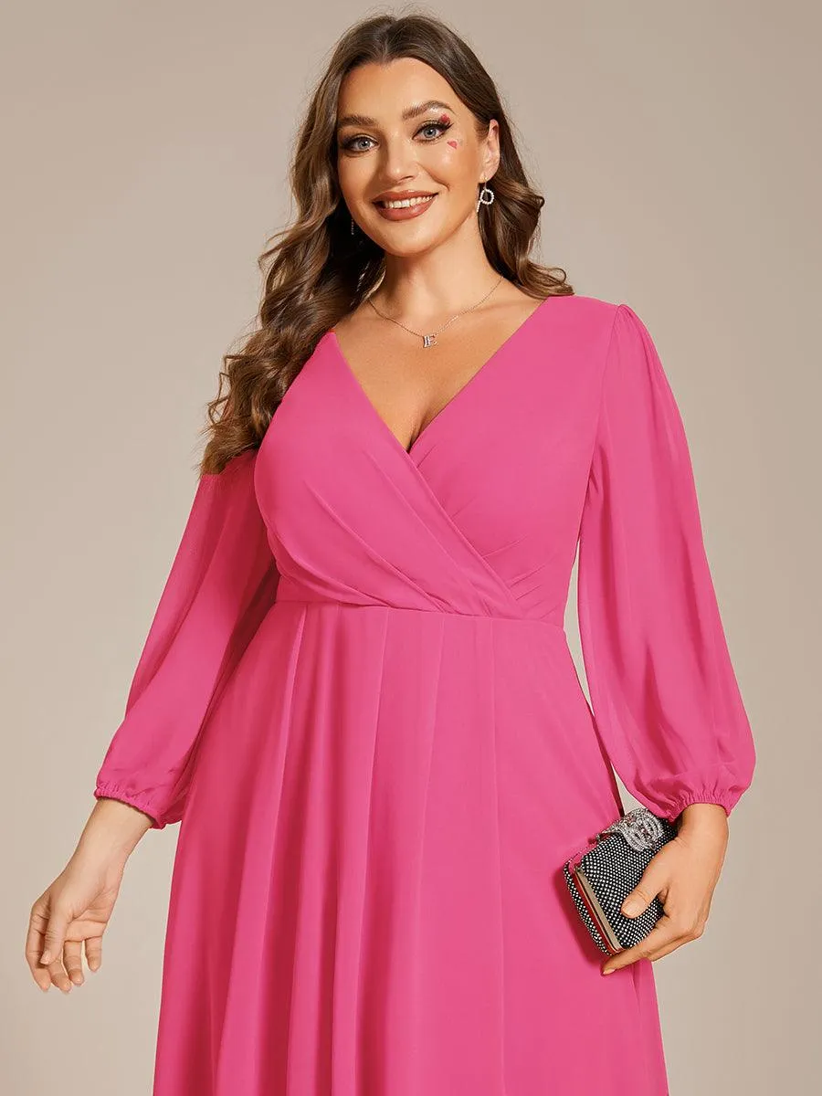 Grande Taille Robe invité de mariage mi-longue manches longues ourlet asymétrique