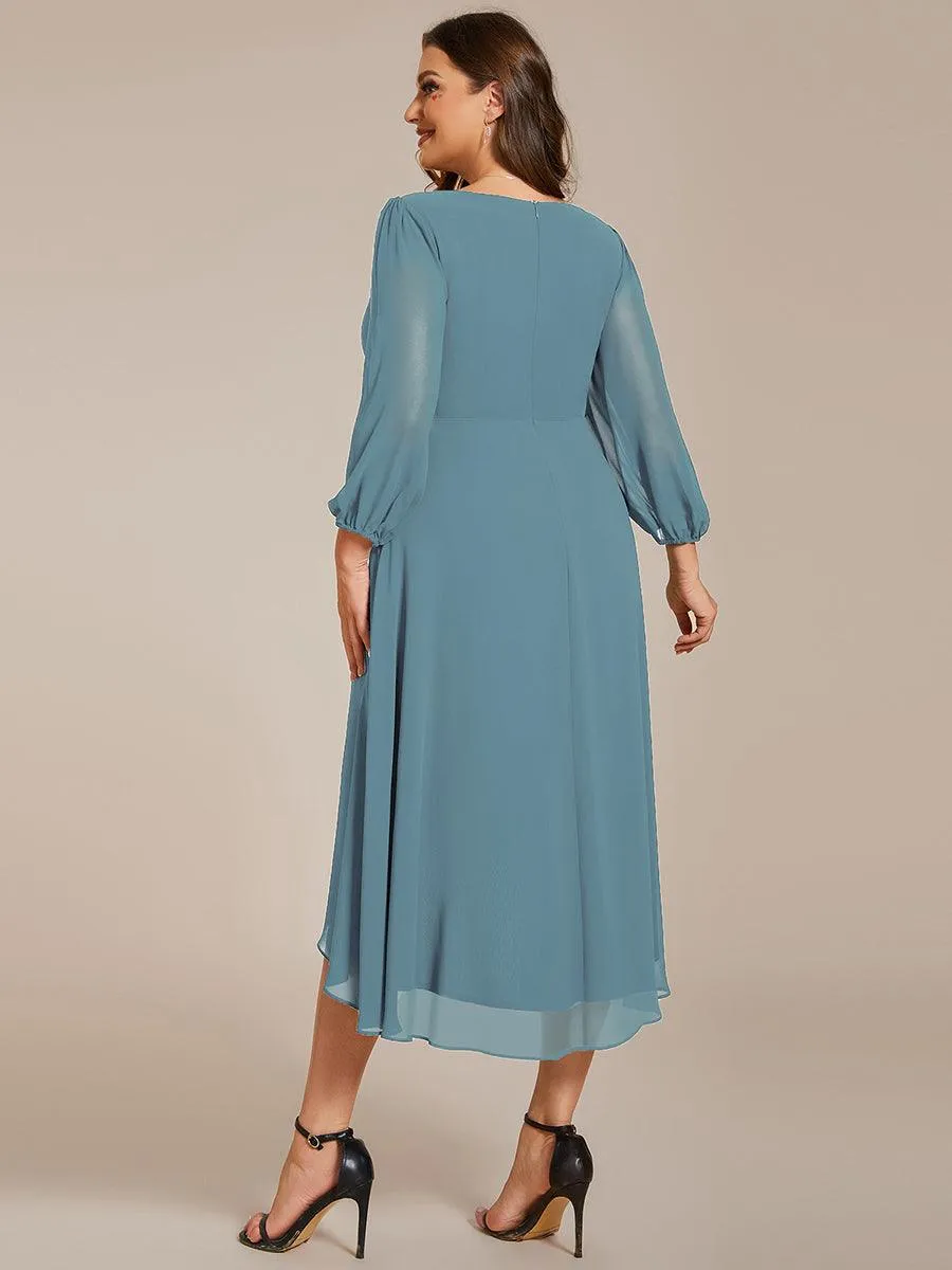 Grande Taille Robe invité de mariage mi-longue manches longues ourlet asymétrique
