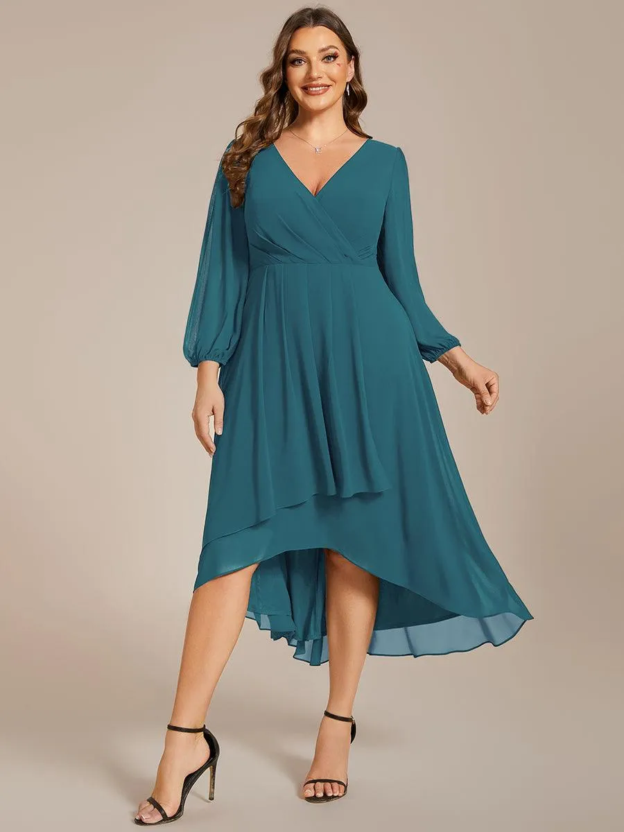 Grande Taille Robe invité de mariage mi-longue manches longues ourlet asymétrique