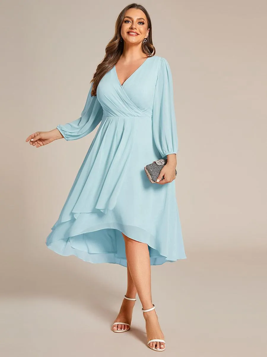 Grande Taille Robe invité de mariage mi-longue manches longues ourlet asymétrique