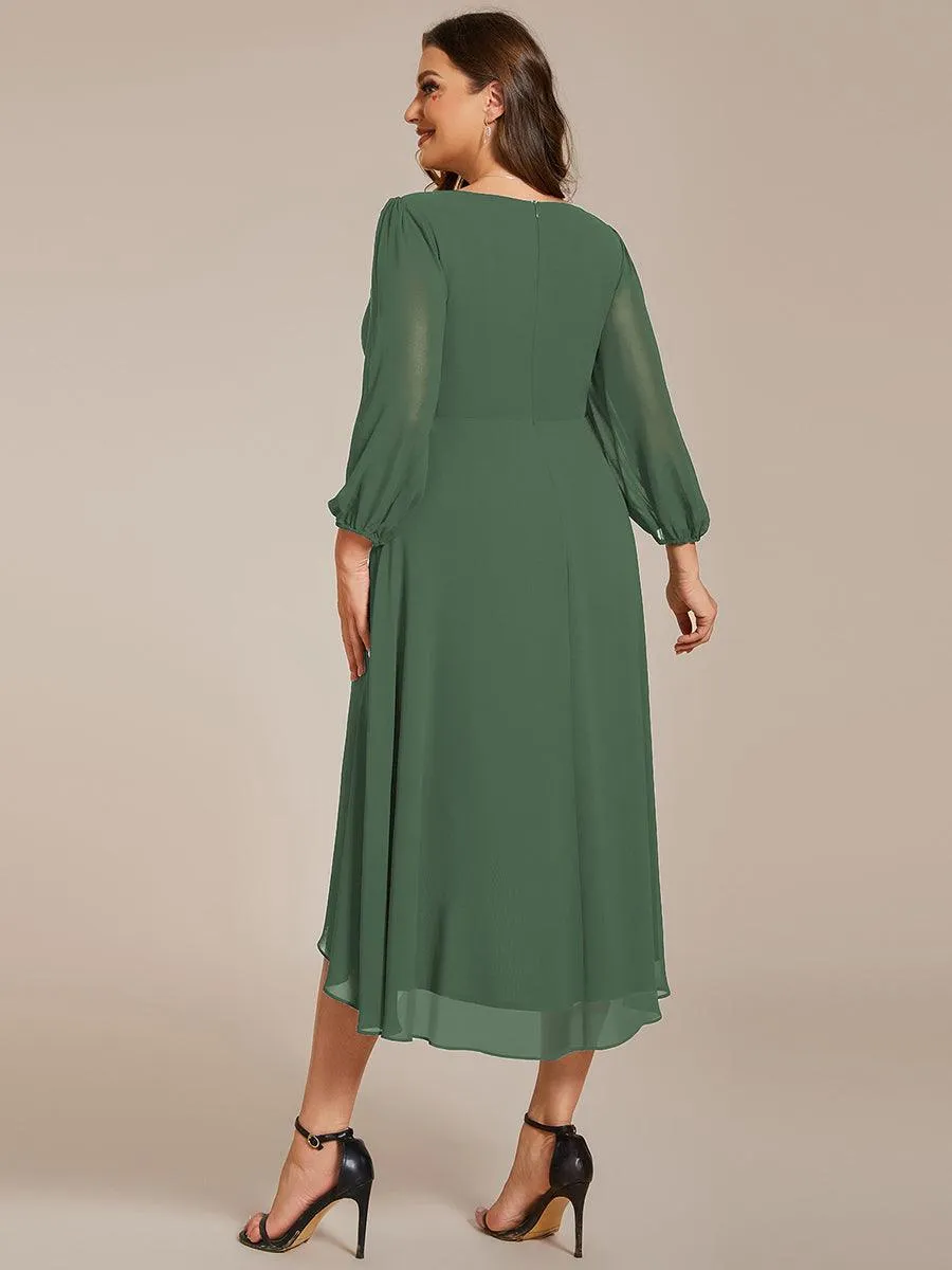 Grande Taille Robe invité de mariage mi-longue manches longues ourlet asymétrique