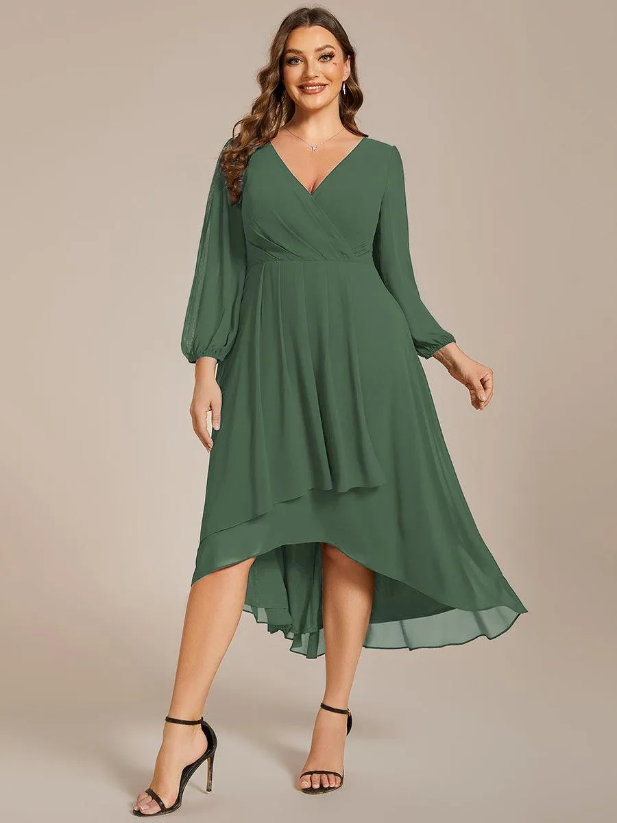 Grande Taille Robe invité de mariage mi-longue manches longues ourlet asymétrique