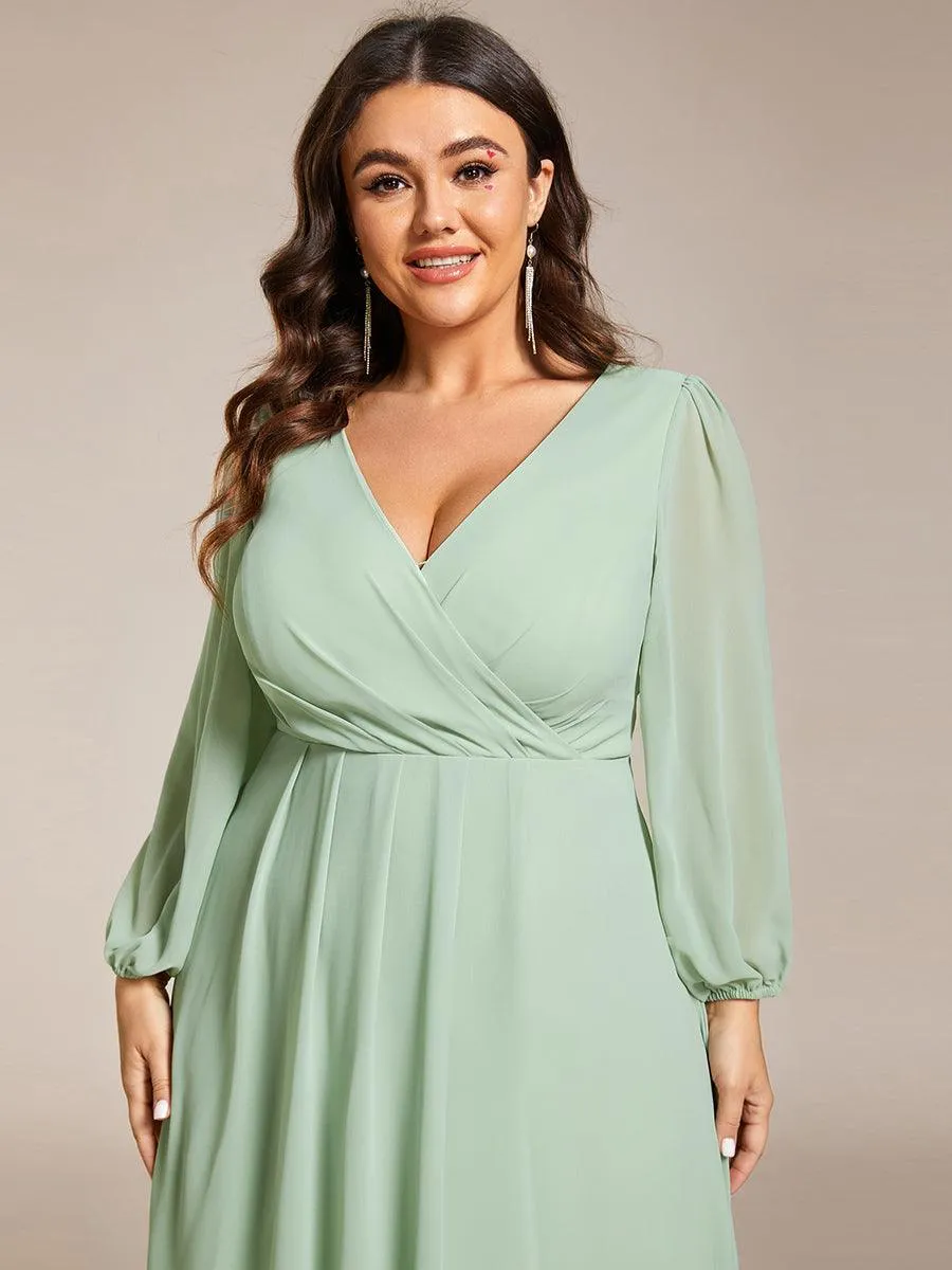 Grande Taille Robe invité de mariage mi-longue manches longues ourlet asymétrique