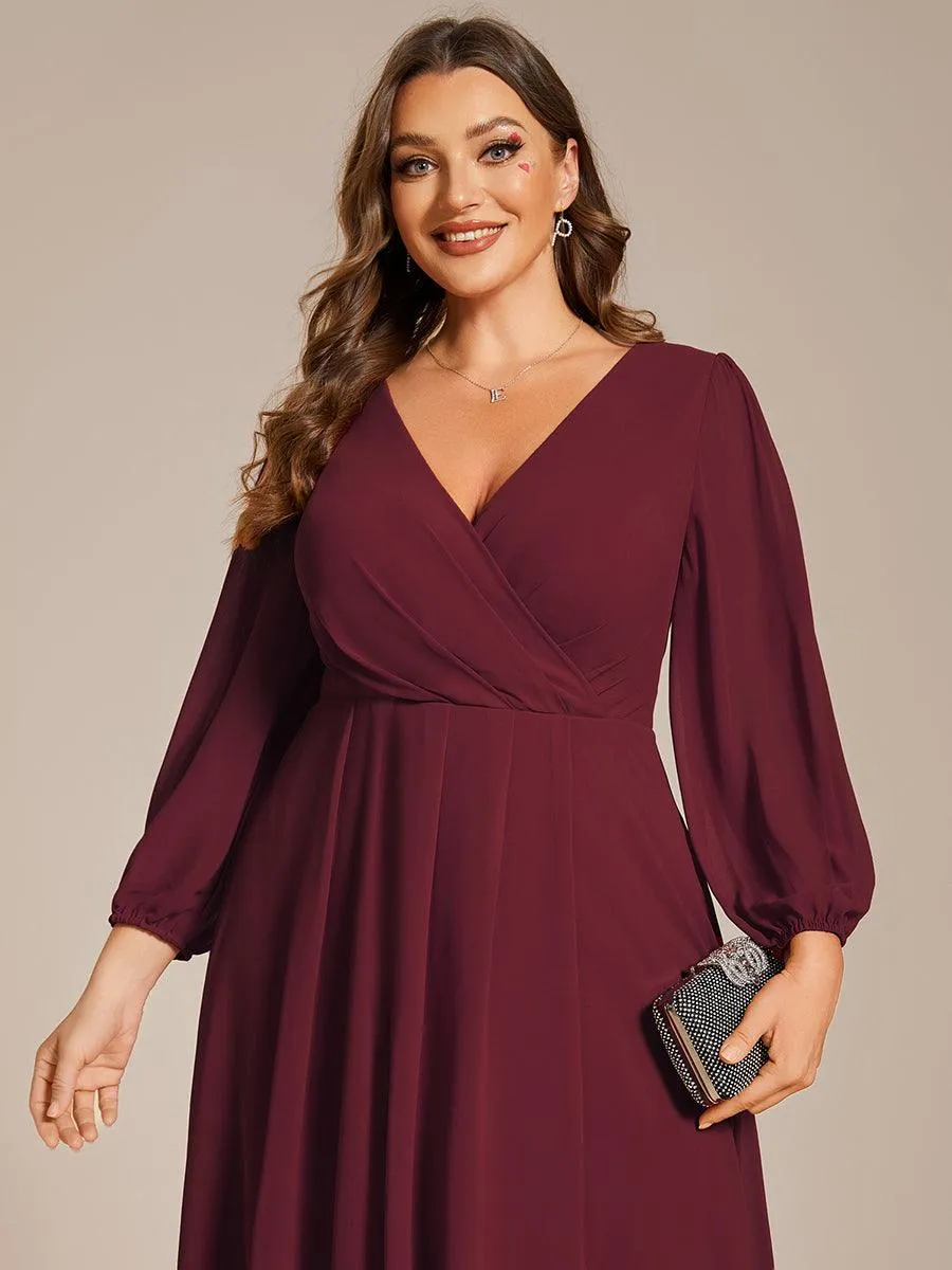 Grande Taille Robe invité de mariage mi-longue manches longues ourlet asymétrique