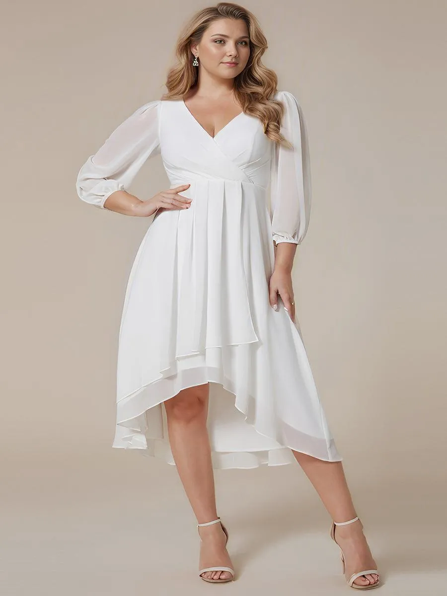 Grande Taille Robe invité de mariage mi-longue manches longues ourlet asymétrique
