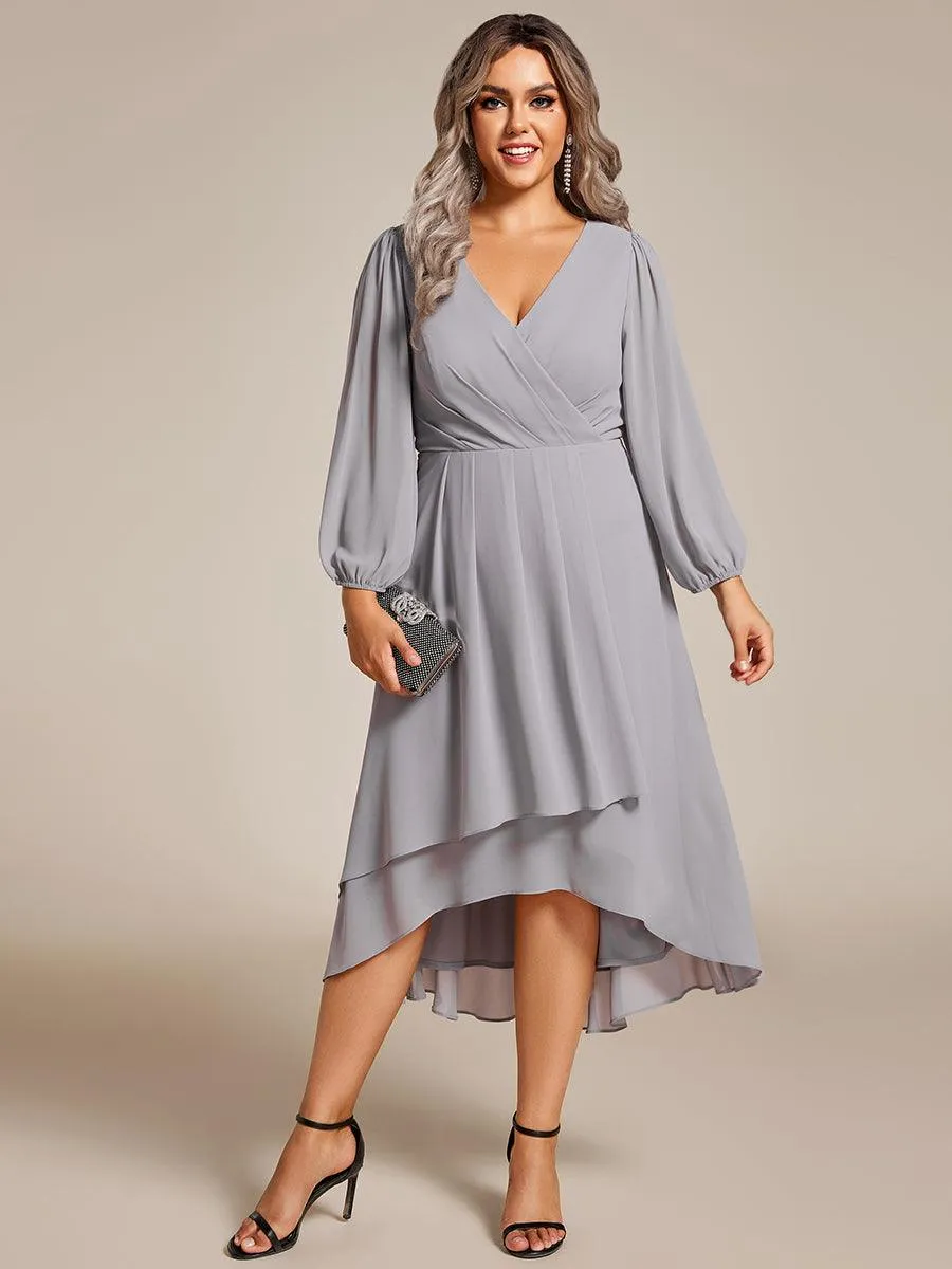 Grande Taille Robe invité de mariage mi-longue manches longues ourlet asymétrique