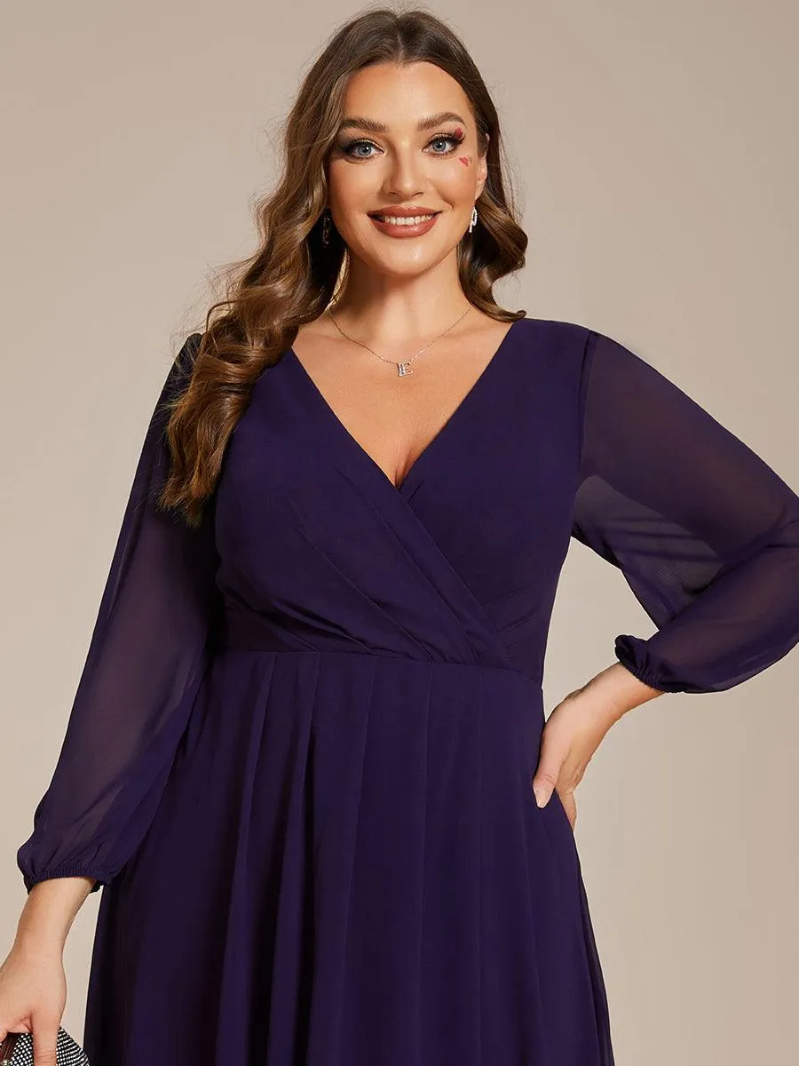 Grande Taille Robe invité de mariage mi-longue manches longues ourlet asymétrique