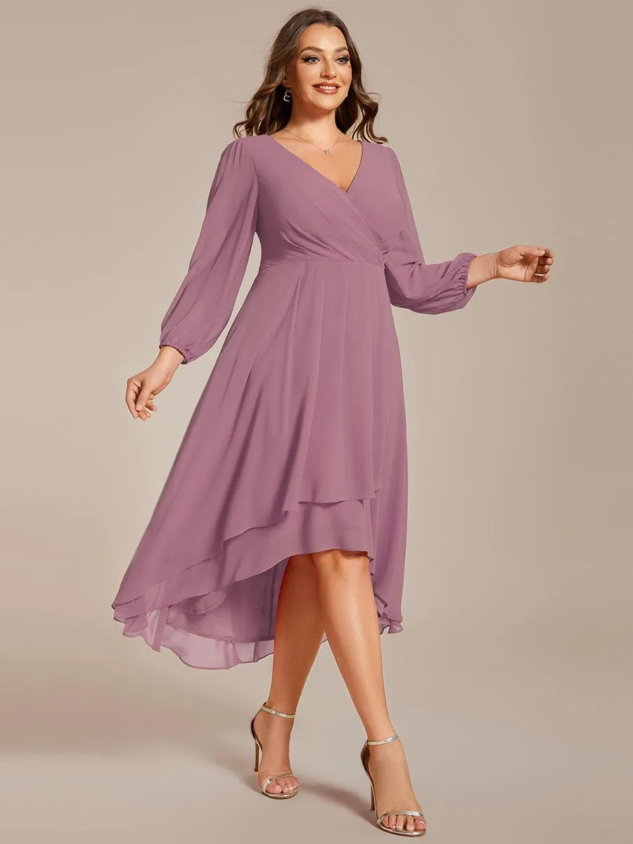 Grande Taille Robe invité de mariage mi-longue manches longues ourlet asymétrique