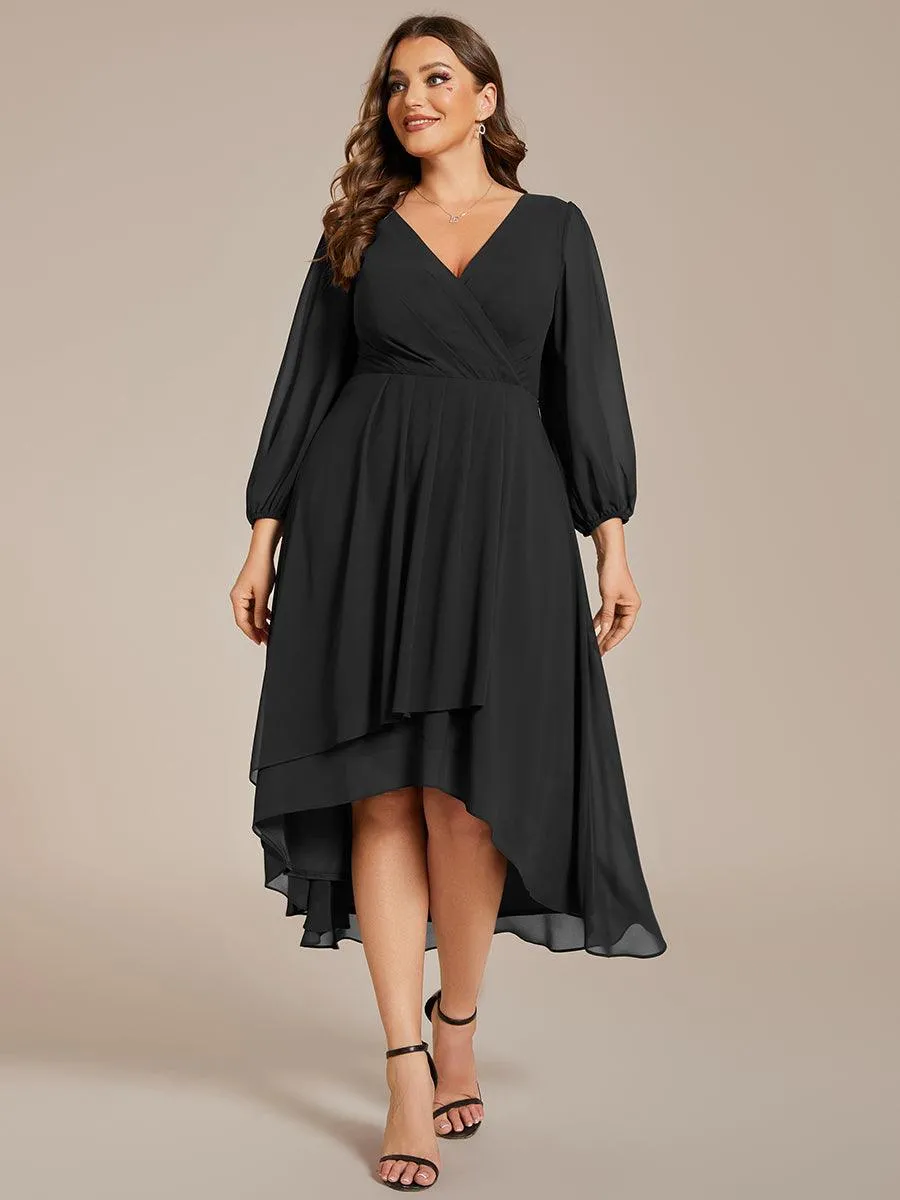 Grande Taille Robe invité de mariage mi-longue manches longues ourlet asymétrique