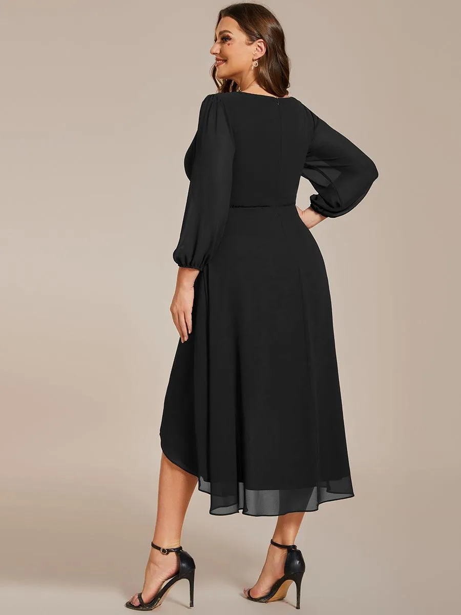 Grande Taille Robe invité de mariage mi-longue manches longues ourlet asymétrique