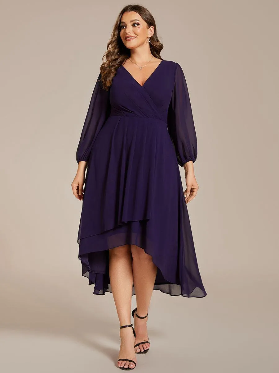 Grande Taille Robe invité de mariage mi-longue manches longues ourlet asymétrique