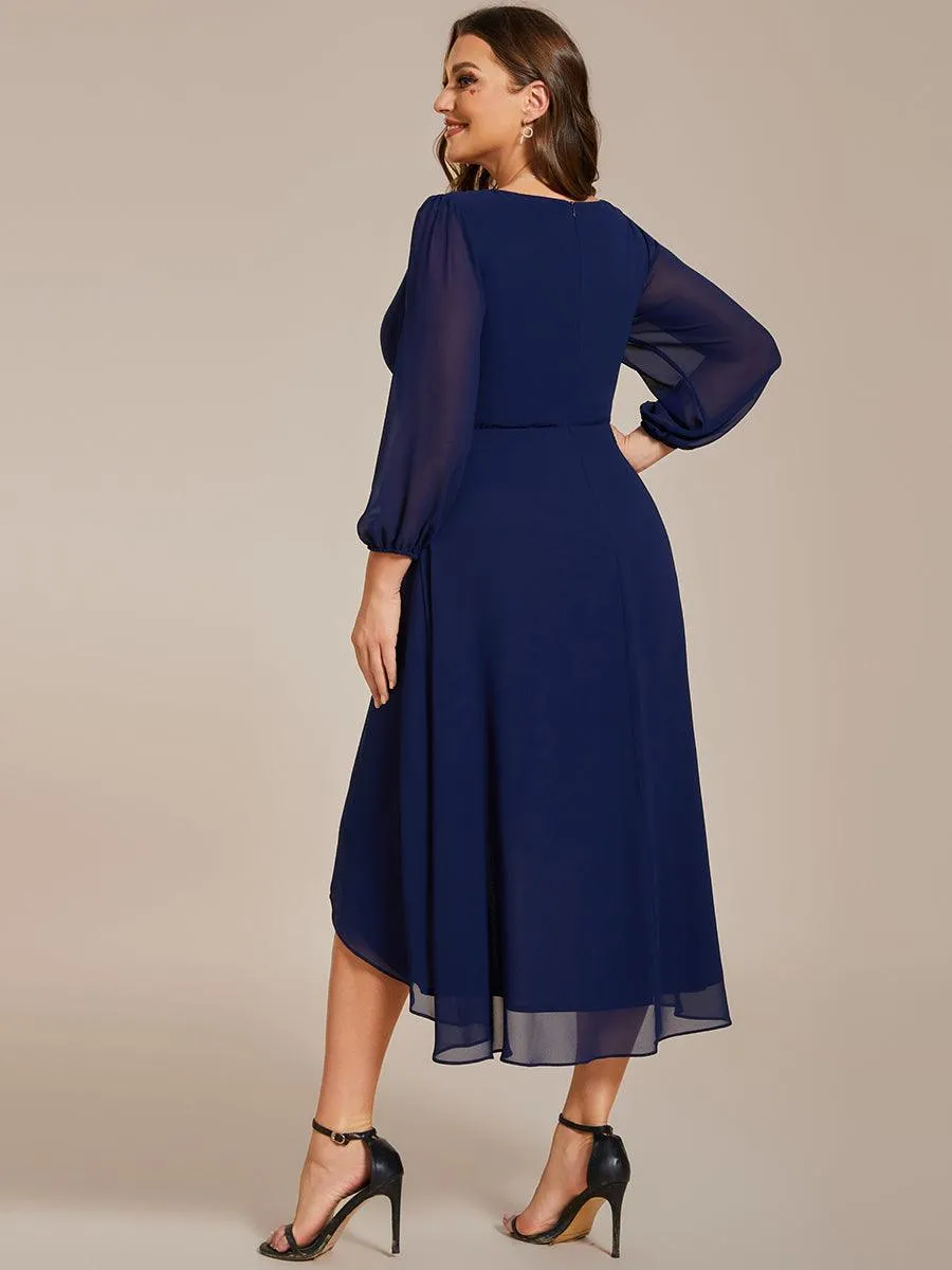 Grande Taille Robe invité de mariage mi-longue manches longues ourlet asymétrique