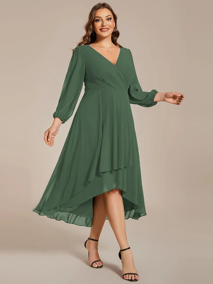 Grande Taille Robe invité de mariage mi-longue manches longues ourlet asymétrique