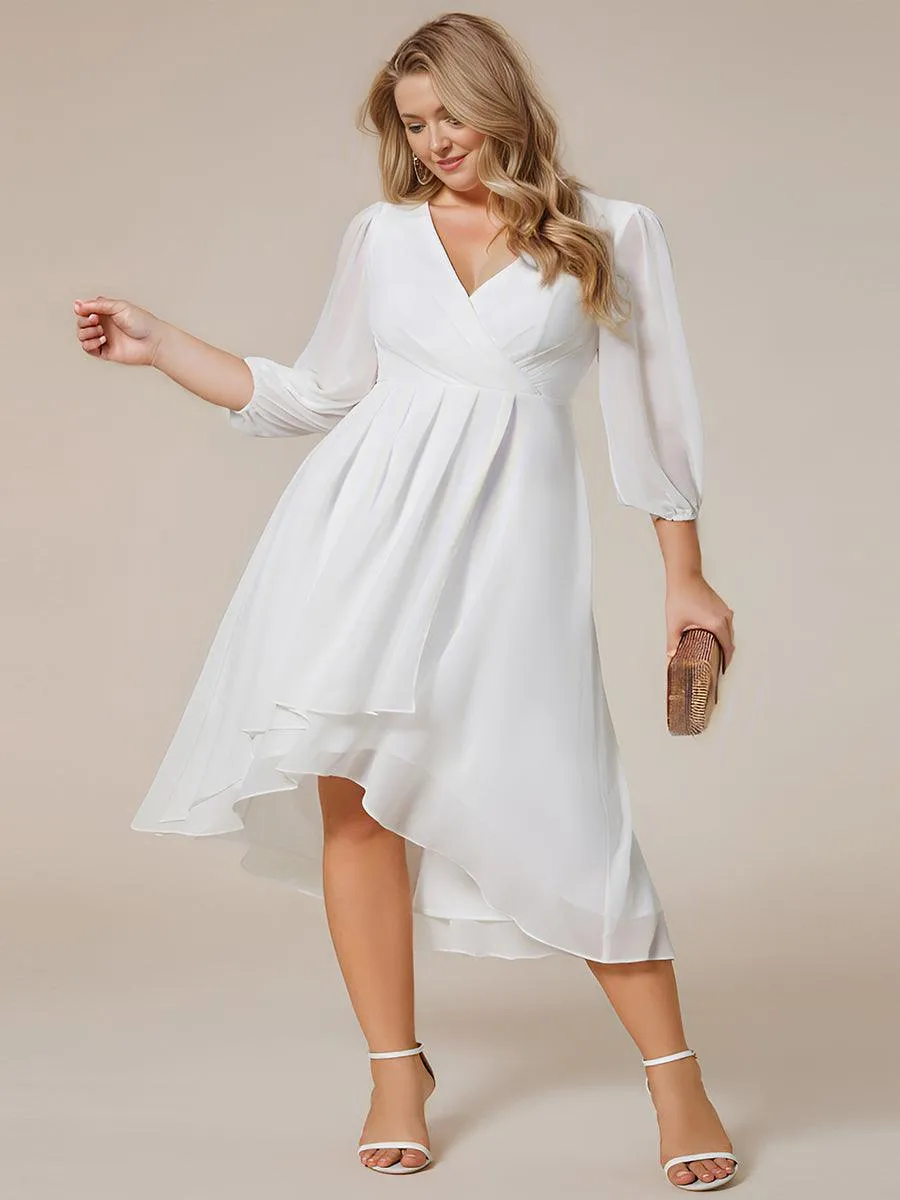 Grande Taille Robe invité de mariage mi-longue manches longues ourlet asymétrique