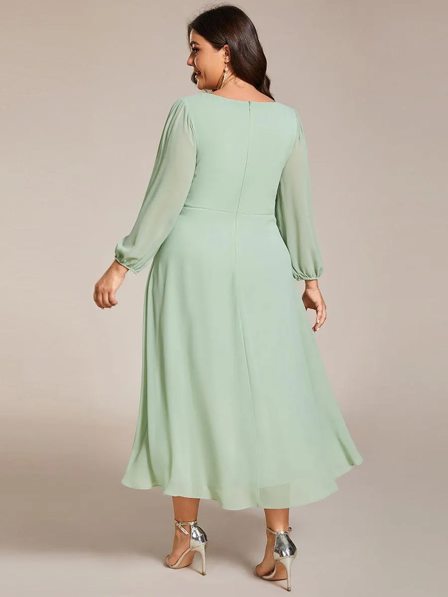 Grande Taille Robe invité de mariage mi-longue manches longues ourlet asymétrique