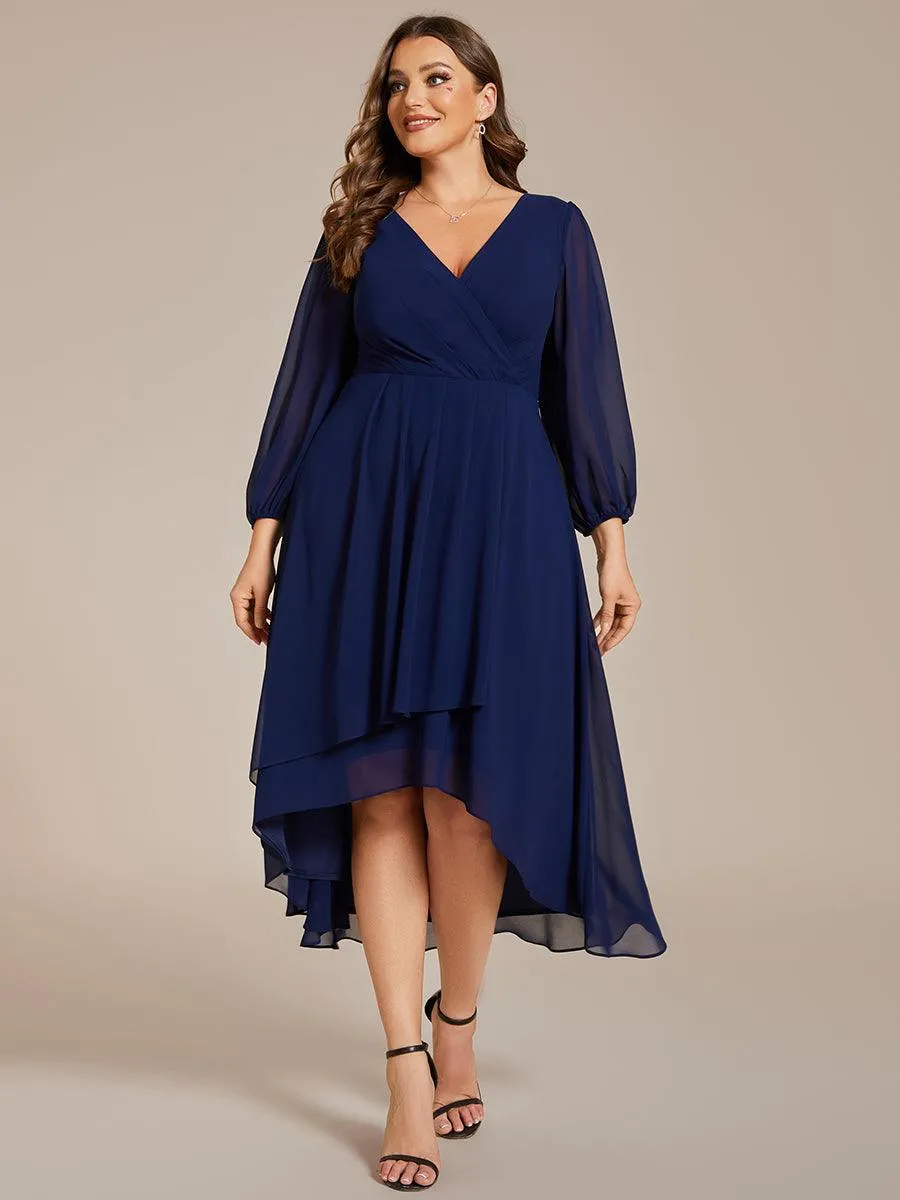 Grande Taille Robe invité de mariage mi-longue manches longues ourlet asymétrique