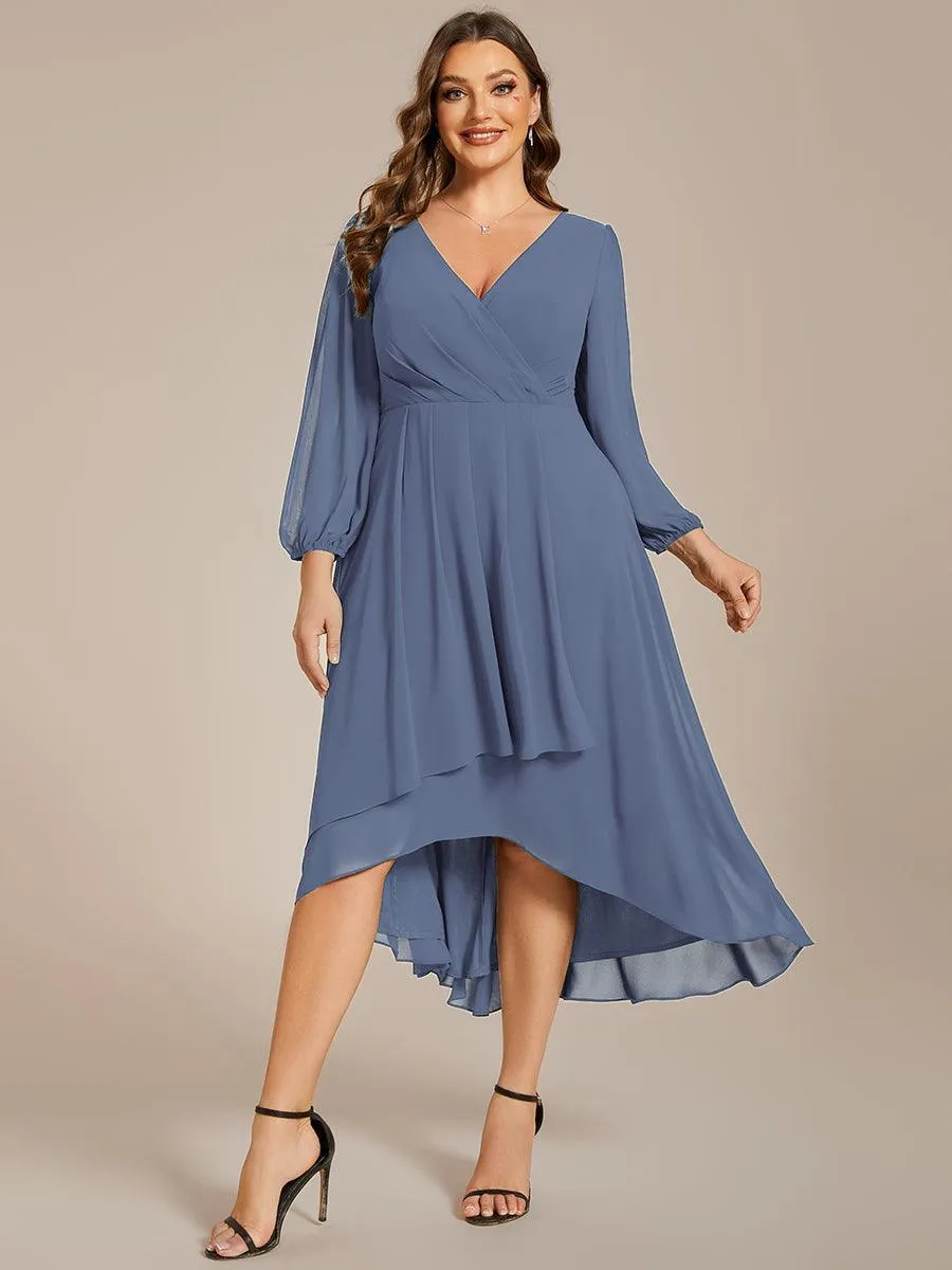 Grande Taille Robe invité de mariage mi-longue manches longues ourlet asymétrique