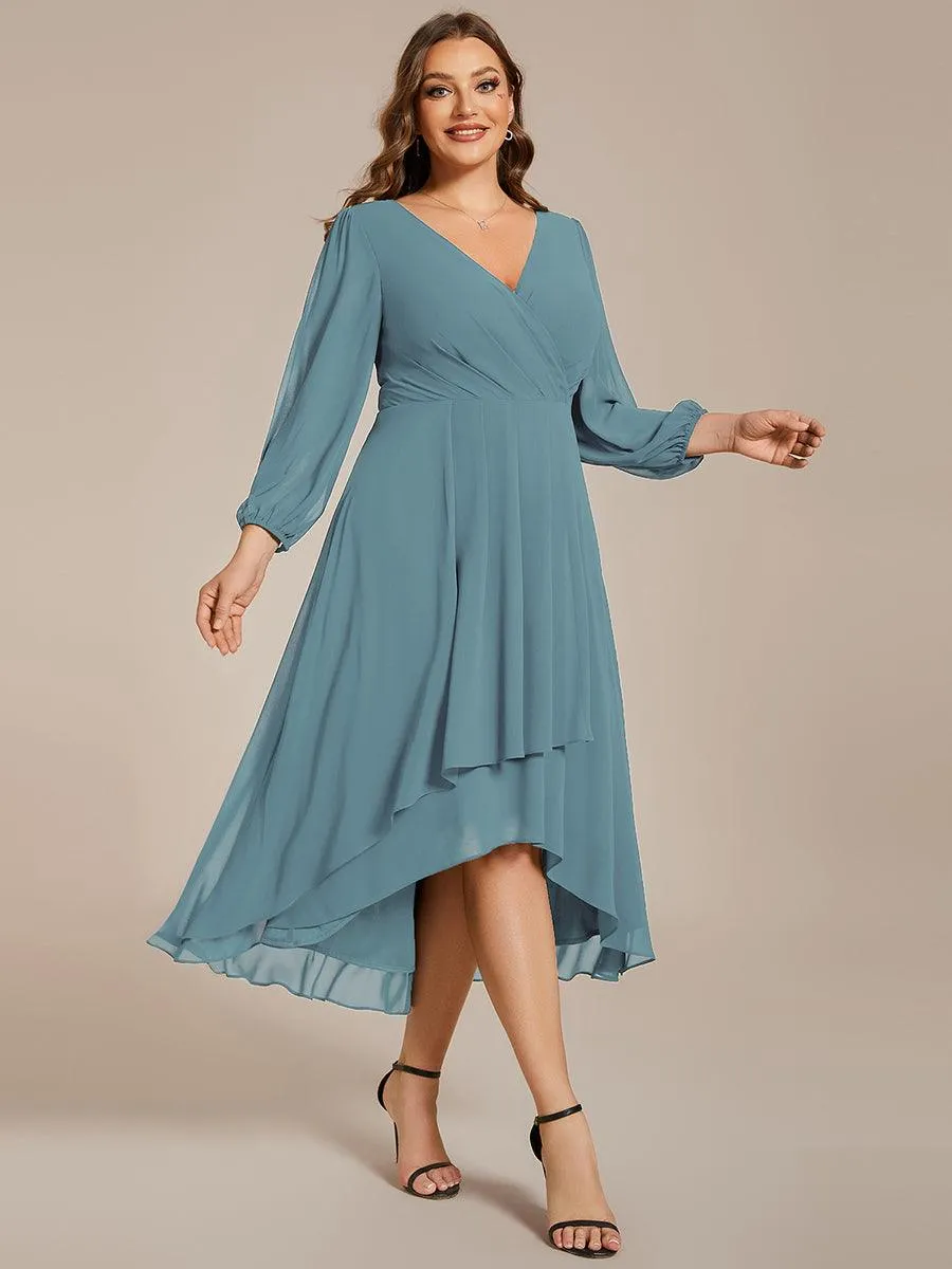 Grande Taille Robe invité de mariage mi-longue manches longues ourlet asymétrique