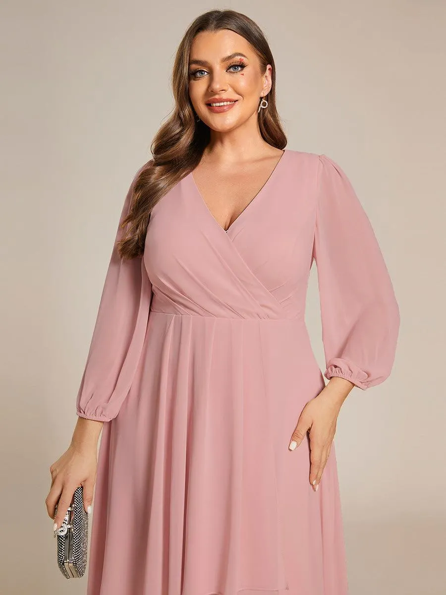Grande Taille Robe invité de mariage mi-longue manches longues ourlet asymétrique