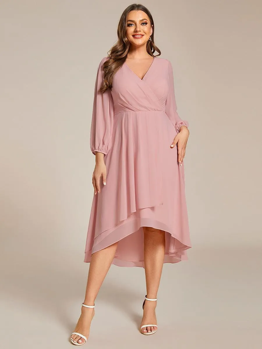 Grande Taille Robe invité de mariage mi-longue manches longues ourlet asymétrique