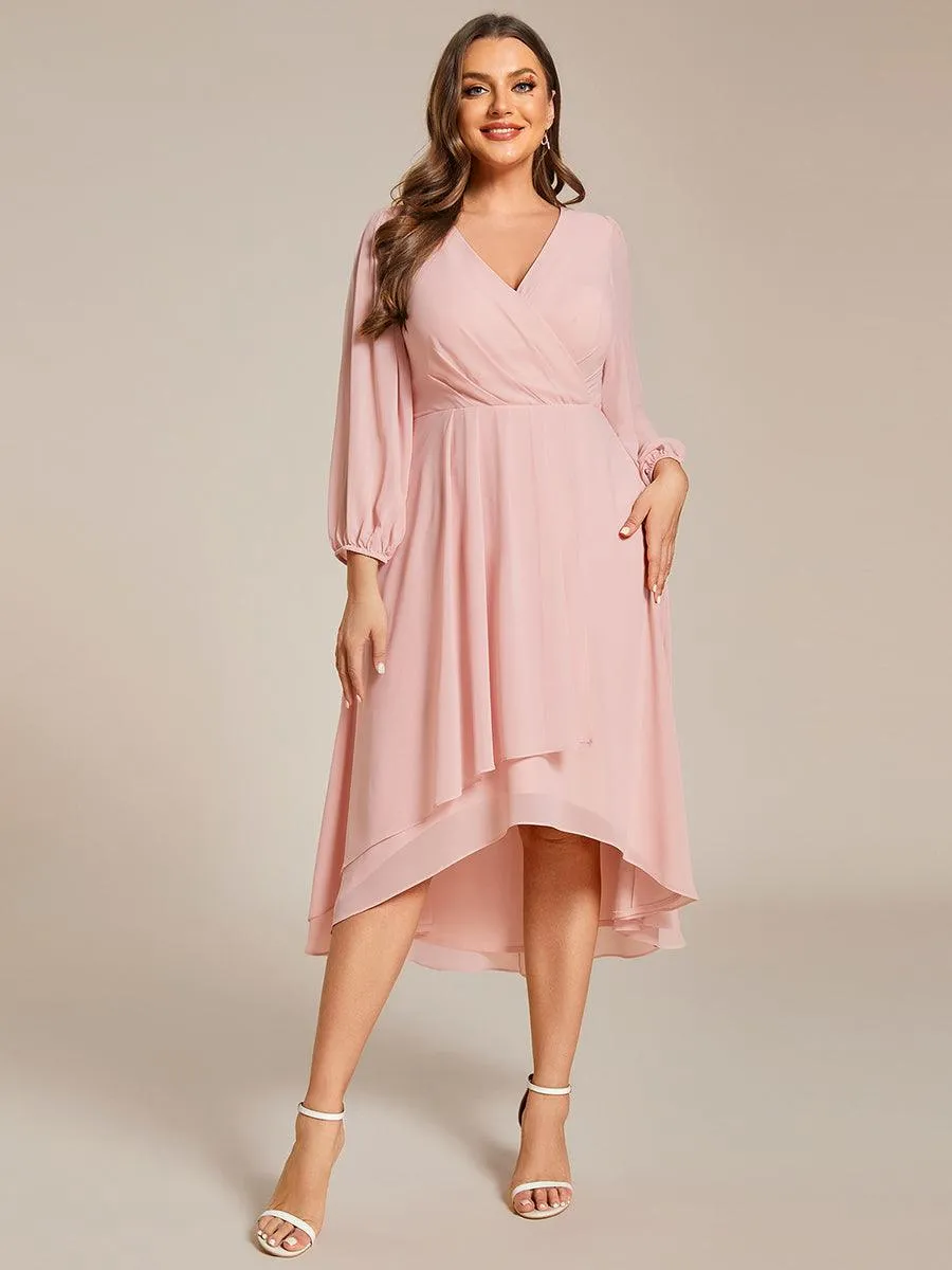 Grande Taille Robe invité de mariage mi-longue manches longues ourlet asymétrique