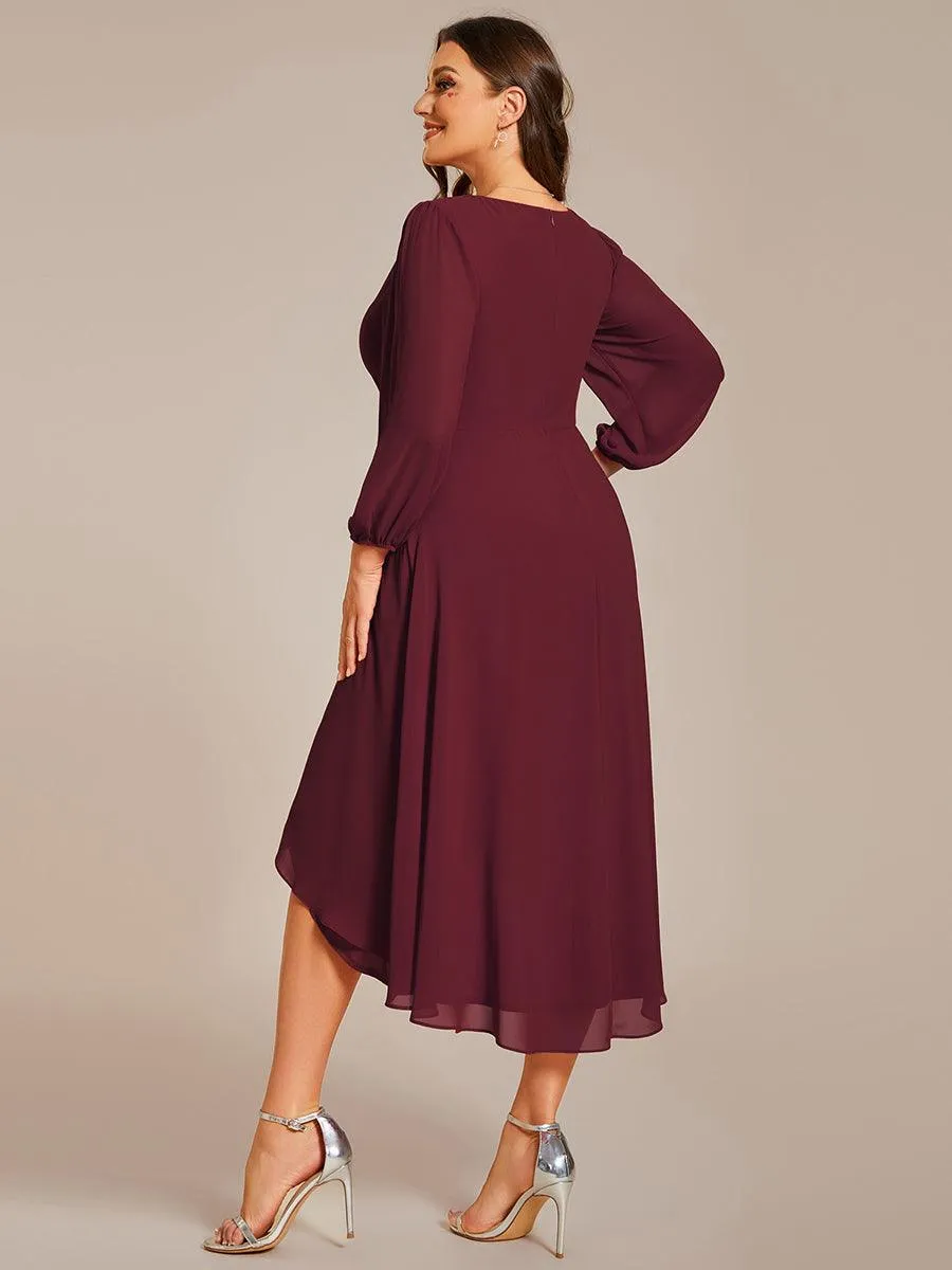 Grande Taille Robe invité de mariage mi-longue manches longues ourlet asymétrique