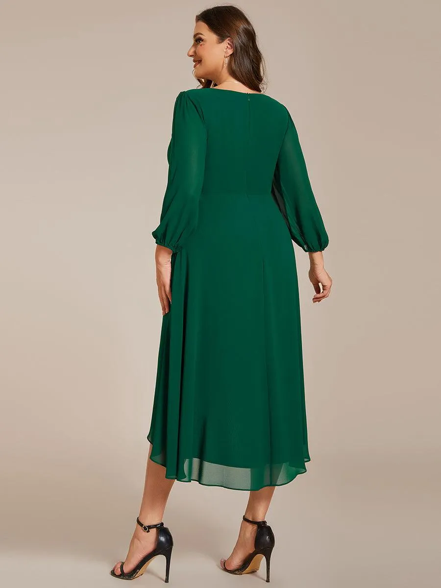 Grande Taille Robe invité de mariage mi-longue manches longues ourlet asymétrique